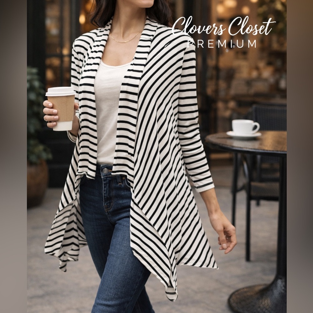 Calvin Klein Striped Waterfall Cardigan Size M Black White Drape Cover Up